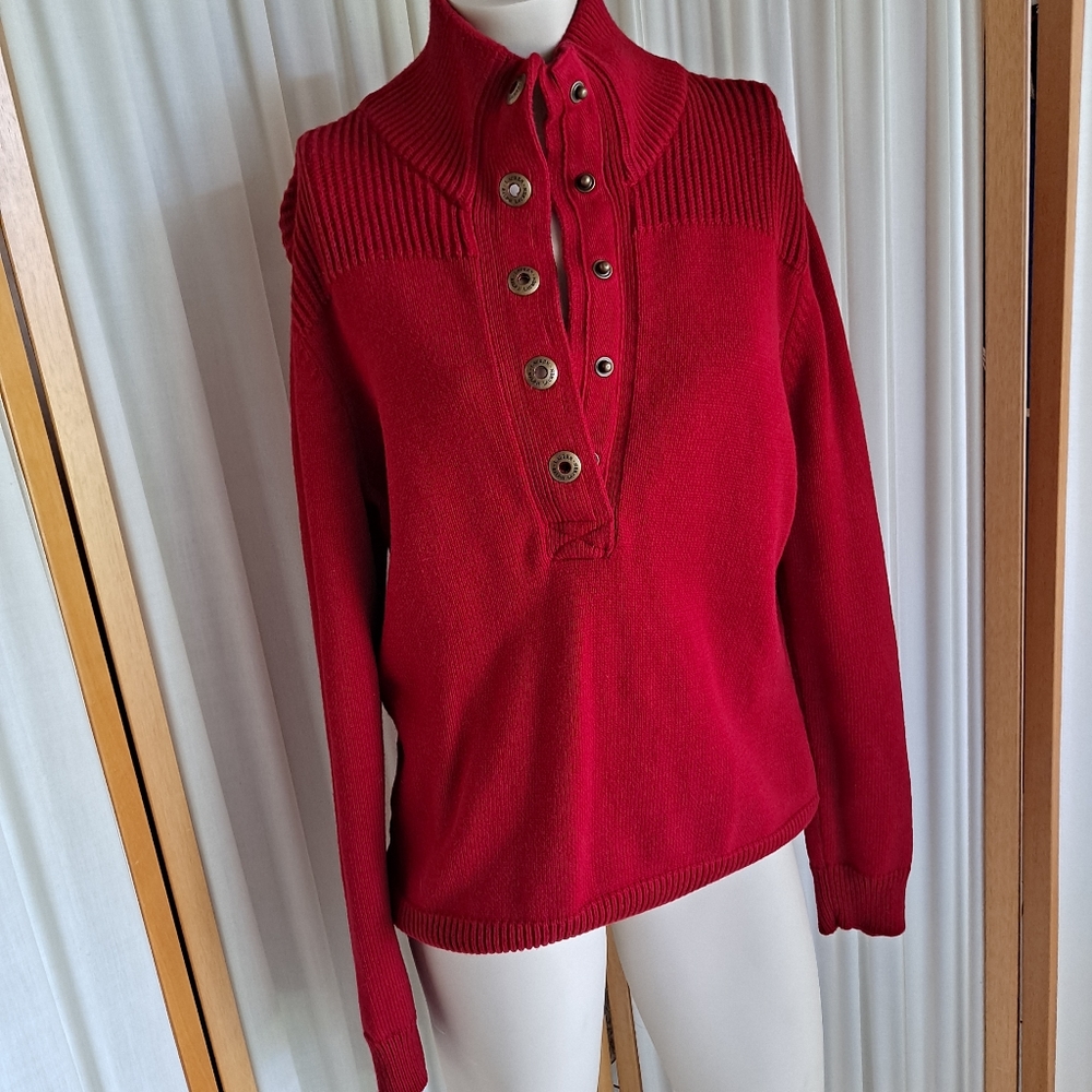 Lauren Ralph Lauren cranberry red sweater with buttons on lapel, L